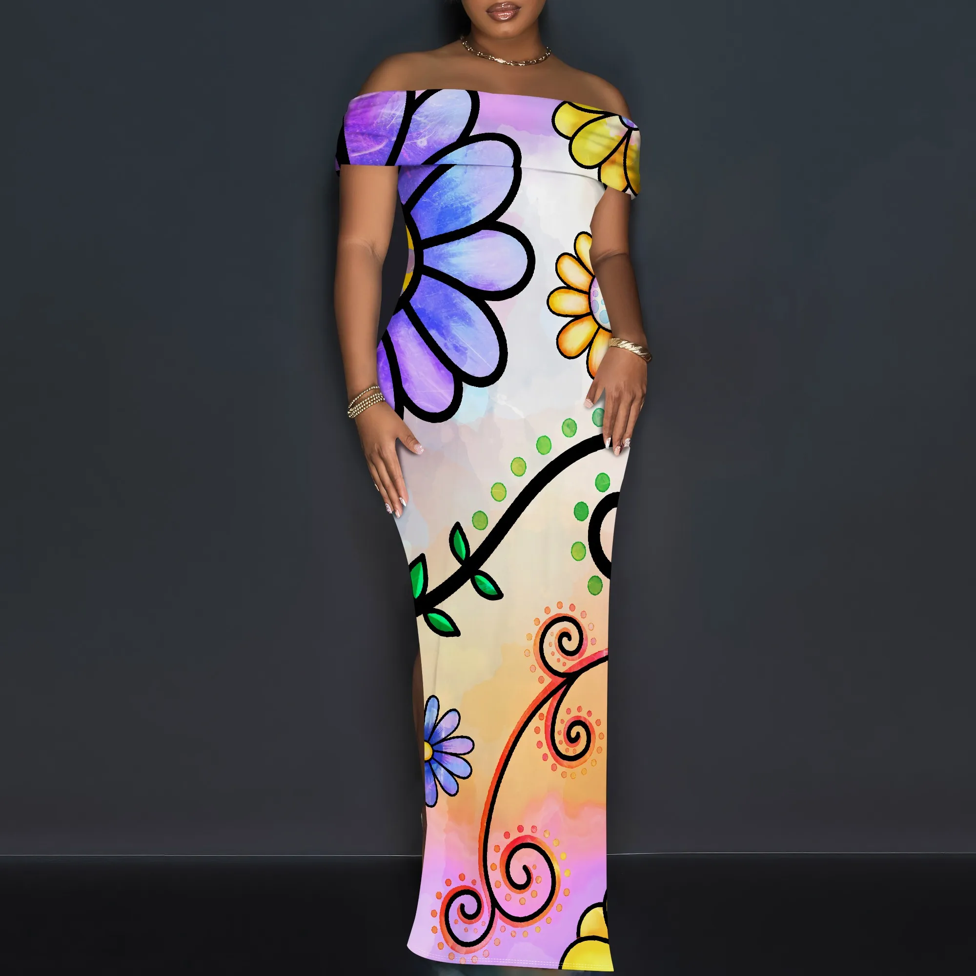 

Off Shoulder Floral Bodycon Maxi Dress XS-3XL Summer Colorful Print Style for Pride Month Parade or Art Street Party Look