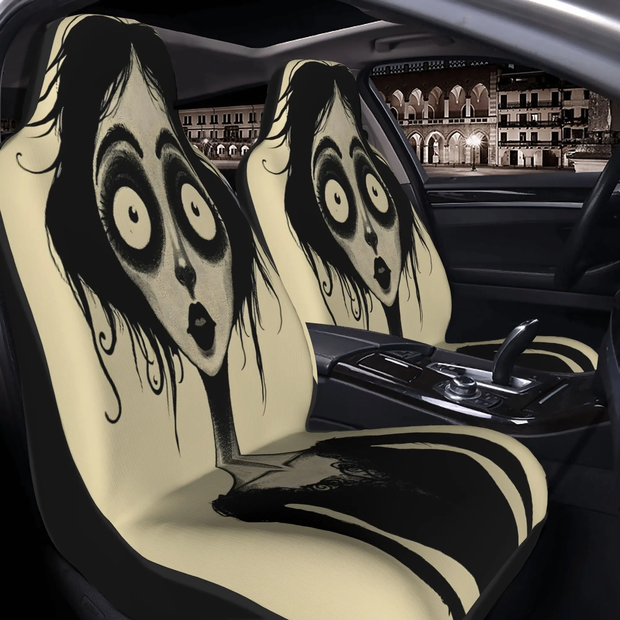 Set Of 2 Gothic-Themed Car Seat Covers Featuring A Startled Woman With Curly Hair, Perfect For Any Vehicle. Ideal As Christmas G