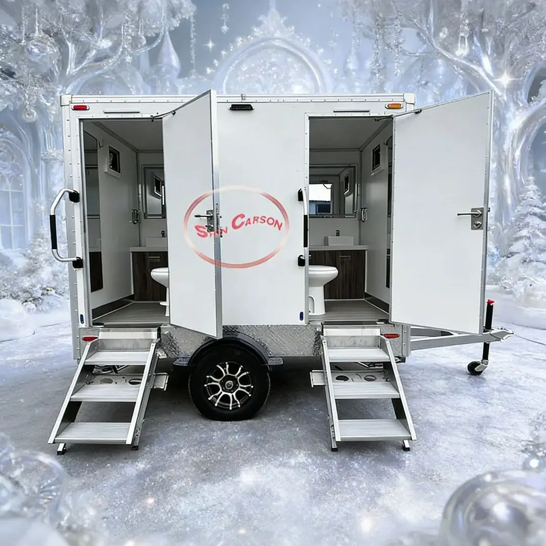 Double Compartment Portable Toilet Trailer with Sink And Mirror for Outdoor Events And Construction Sites Easy Clean Feature