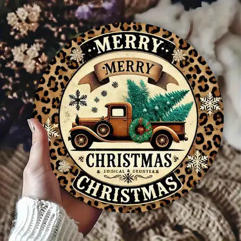 Rustic Round wooden board Sign -  Christmas Wreath & Leopard Truck Design, Perfect for Door or Wall Decor, Bar wall-moun