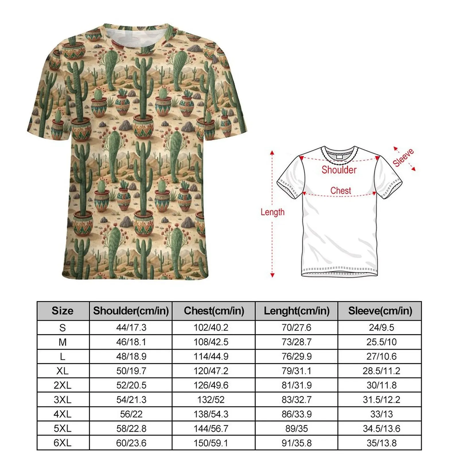 Ethnic Potted Saguaro Cactus Print T Shirt Male  Awesome T Shirts Premium Retro Tees Short Sleeve Custom Big Size Clothes