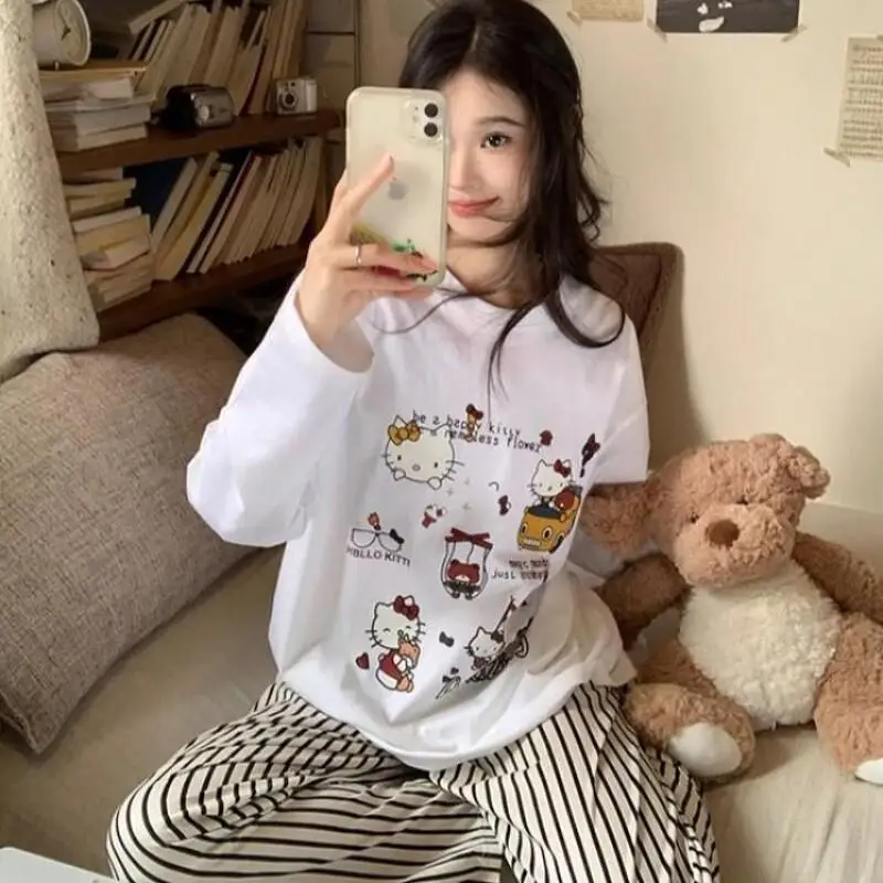 

Женская пижама Sanrio Hello Kitty из смесового хлопка, повседневная домашняя одежда, одежда для улицы, новинка 2026 года, полосатые брюки с длинными рукавами, всесезонная, новинка
