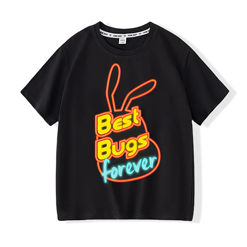 

Лучшие футболки из 100% хлопка Bugs Forever, детские дышащие топы с короткими рукавами для мальчиков и девочек, кавайные детские летние футболки высокого качества, футболка