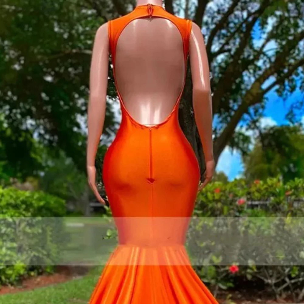 Vestido de noche Sexy con espalda descubierta y cuello en V profundo, vestido de sirena de lujo con cuentas y lentejuelas, satén naranja sin mangas, dobladillo con volantes, fiesta de celebridades