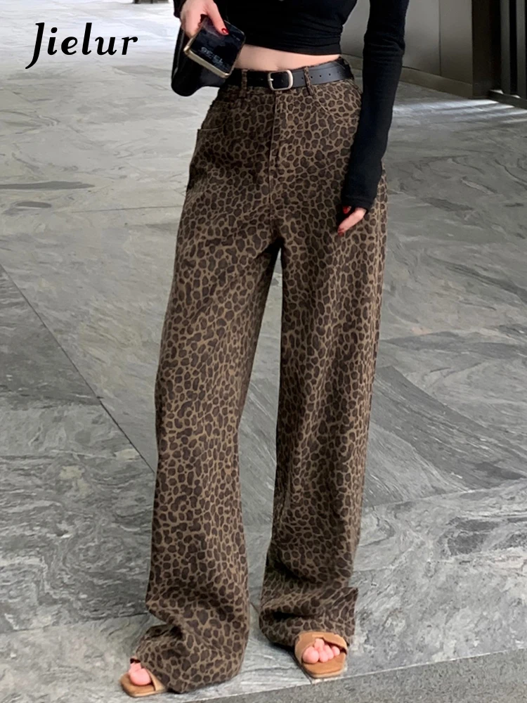 

Leopard Print Jeans Y2K Women Vintage Elastic High Waist Street Loose Simple Spell Color Fashion Straight Female Wide Leg Pants