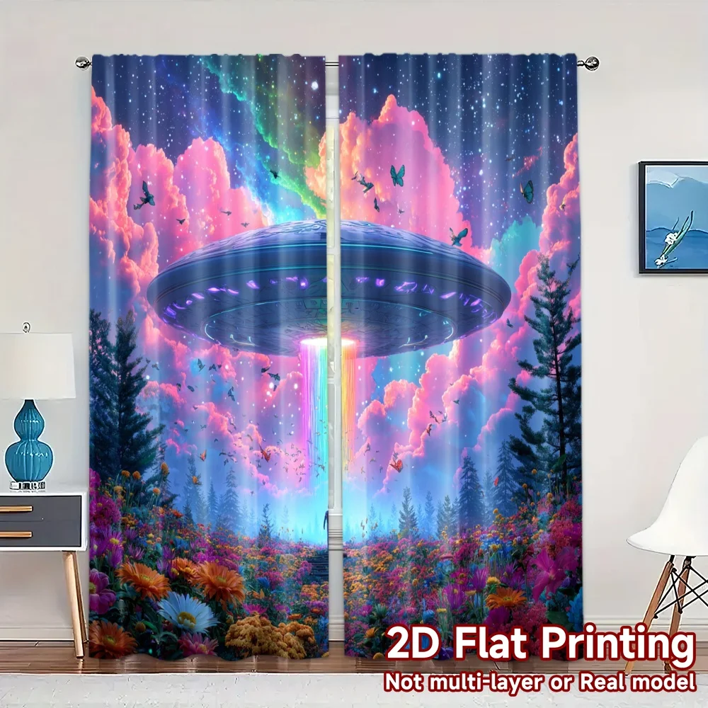 2pcs, 2D FLAT PRINTING Curtains (Without Rod) Cosmic Encounter Modern Curtain Fabric Machine Washable Fabric Curtains Home Decor