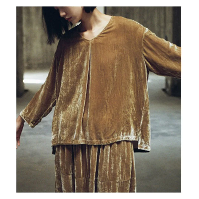 Silkworm Velvet Pullover for Women, Loose Pleated Pullover, Long-sleeved, V-neck, Temperament, Literature, Art, Spring and Autum