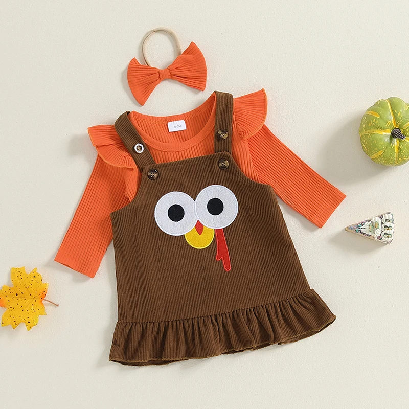 ملابس عيد الشكر للفتيات ، رومبير بأكمام طويلة ، فستان شامل ، مجموعة عصابة رأس ، ملابس الخريف ، 3 * *