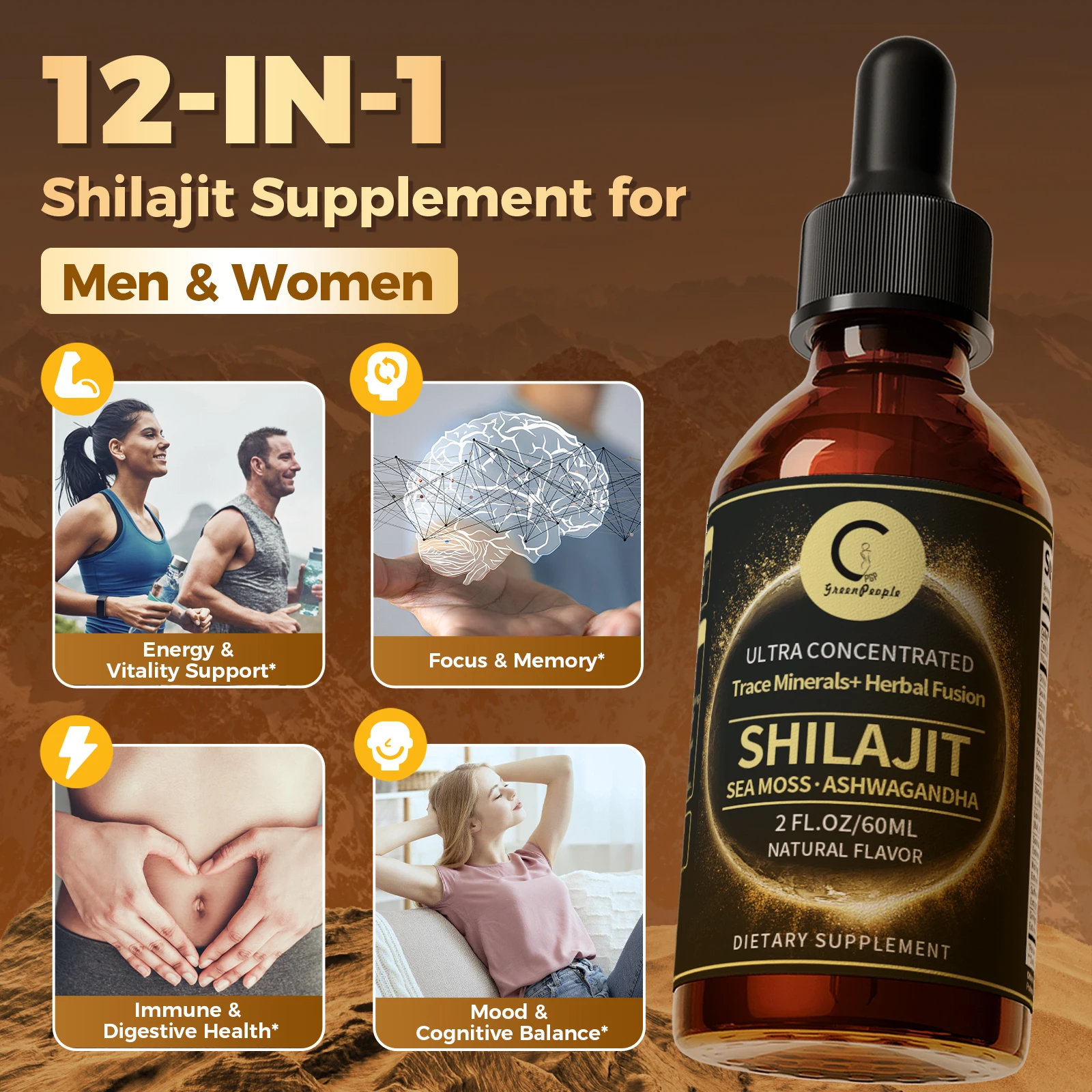 قطرات سائل شيلجيت مع طحلب البحر، أشواغاندا، ماكا، مورينغا فيتامينات سائلة للنساء والرجال - تتبع المعادن + العشبية