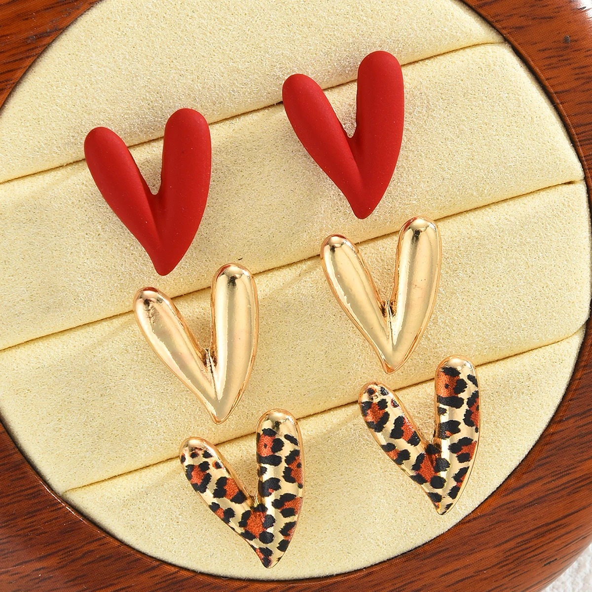 3pcs Fashion Heart Leopard Printed Colorful Earrings Set for Women Vintage Geometric Metal Stud Earring Holiday Party Jewelry