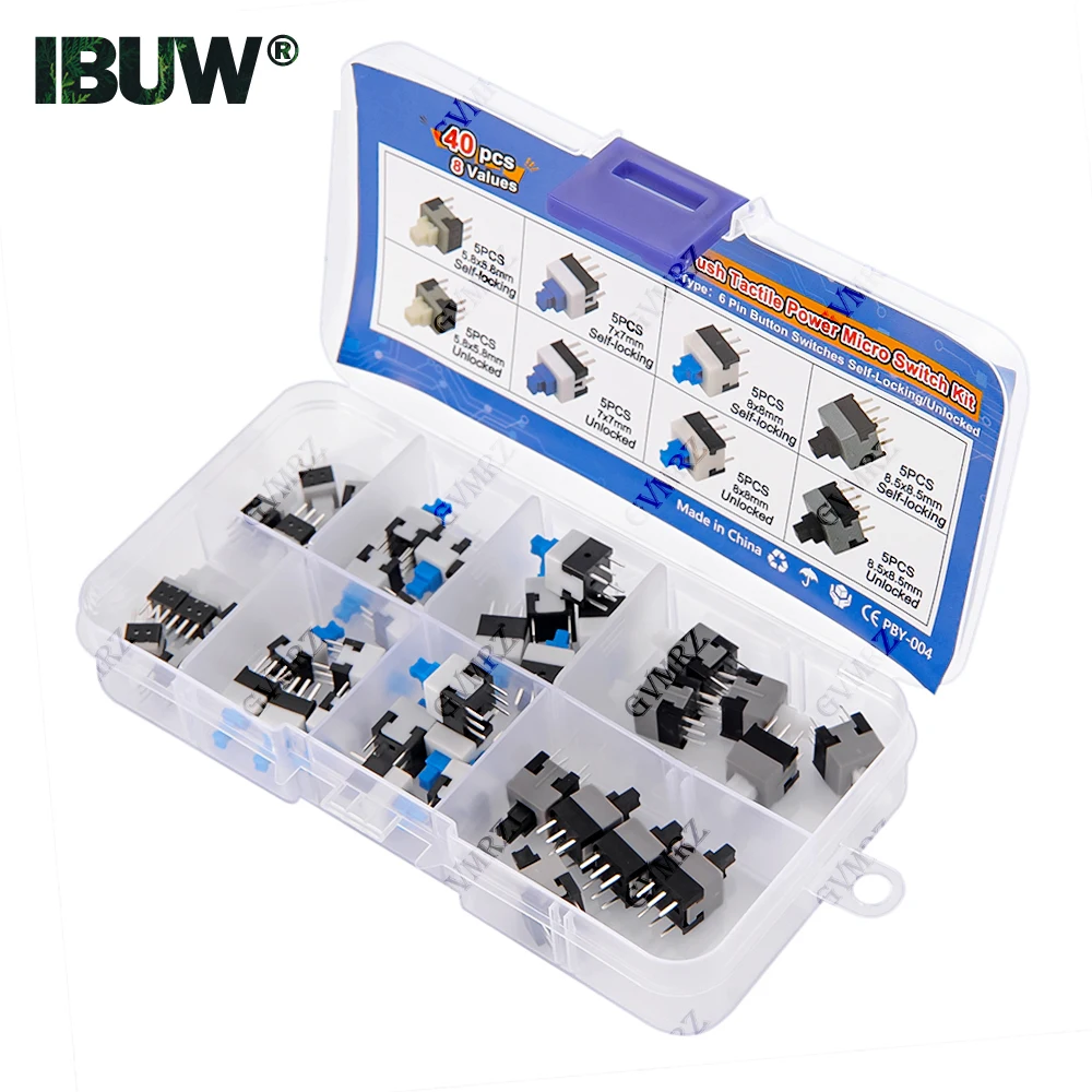 40PCS 8Values Push Tactile Micro Switch Kit 6Pin Self-Locking/Unlocked for Electronics DIY Projects