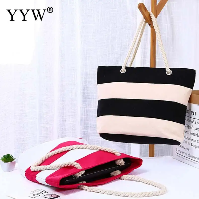 Casual Striped Canvas Women Tote Bag Large Capacity Thick Rope Handles Summer Beach Soft Handbag Single Shoulder Storage Pack