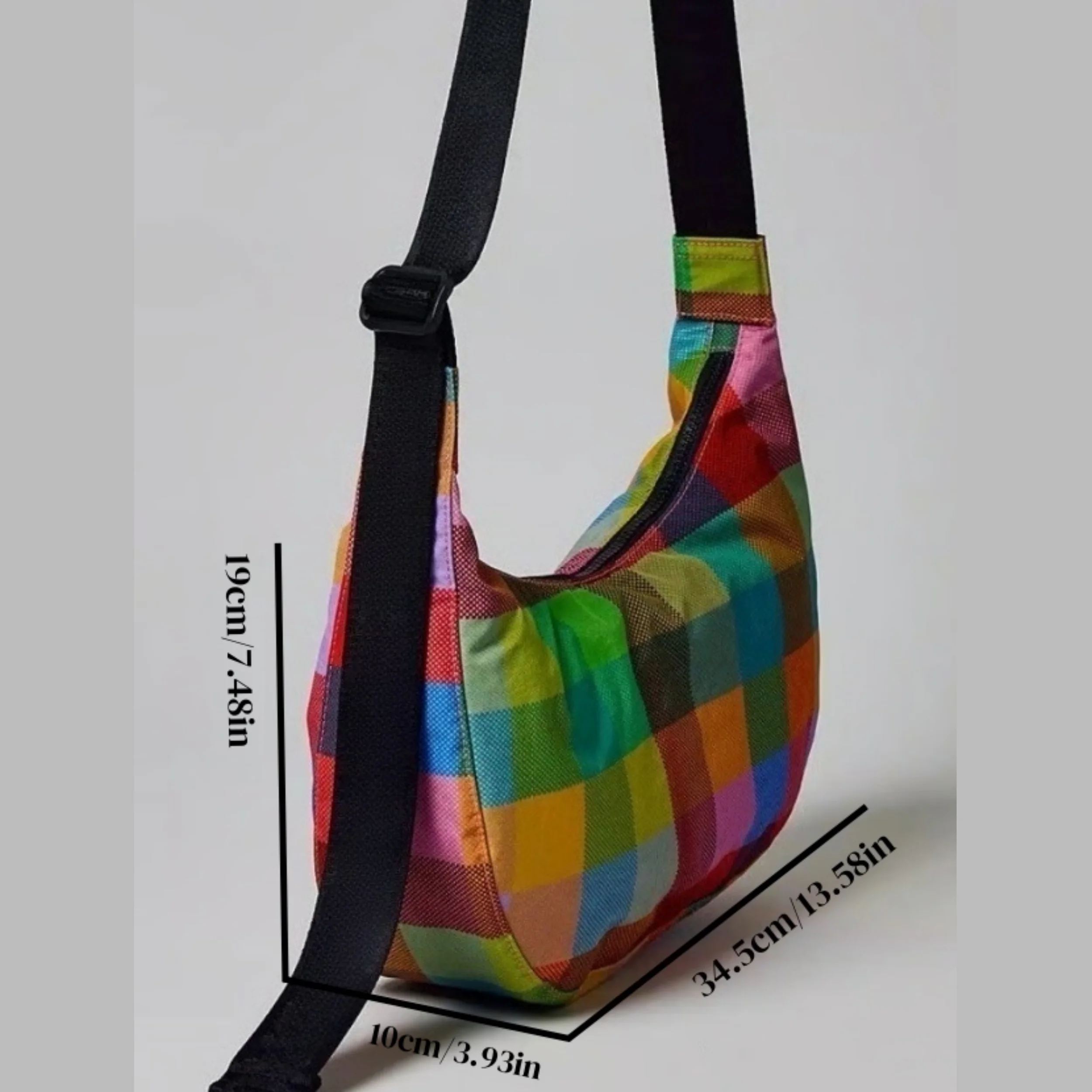 Medium Nylon Crescent Bag, Stylish Madras Polka Dots Crossbody Bag Perfect for Travel, Gym, Dating, Gift, Daily Use