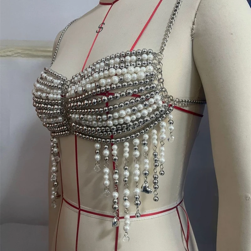 Damen-T-Shirt mit Perlen-Strass-Körperkette, sexy Neckholder-Crop-Top mit Perlen, Brustkette für Nachtclub, Party, Strand, Damen-Top – Detail 5