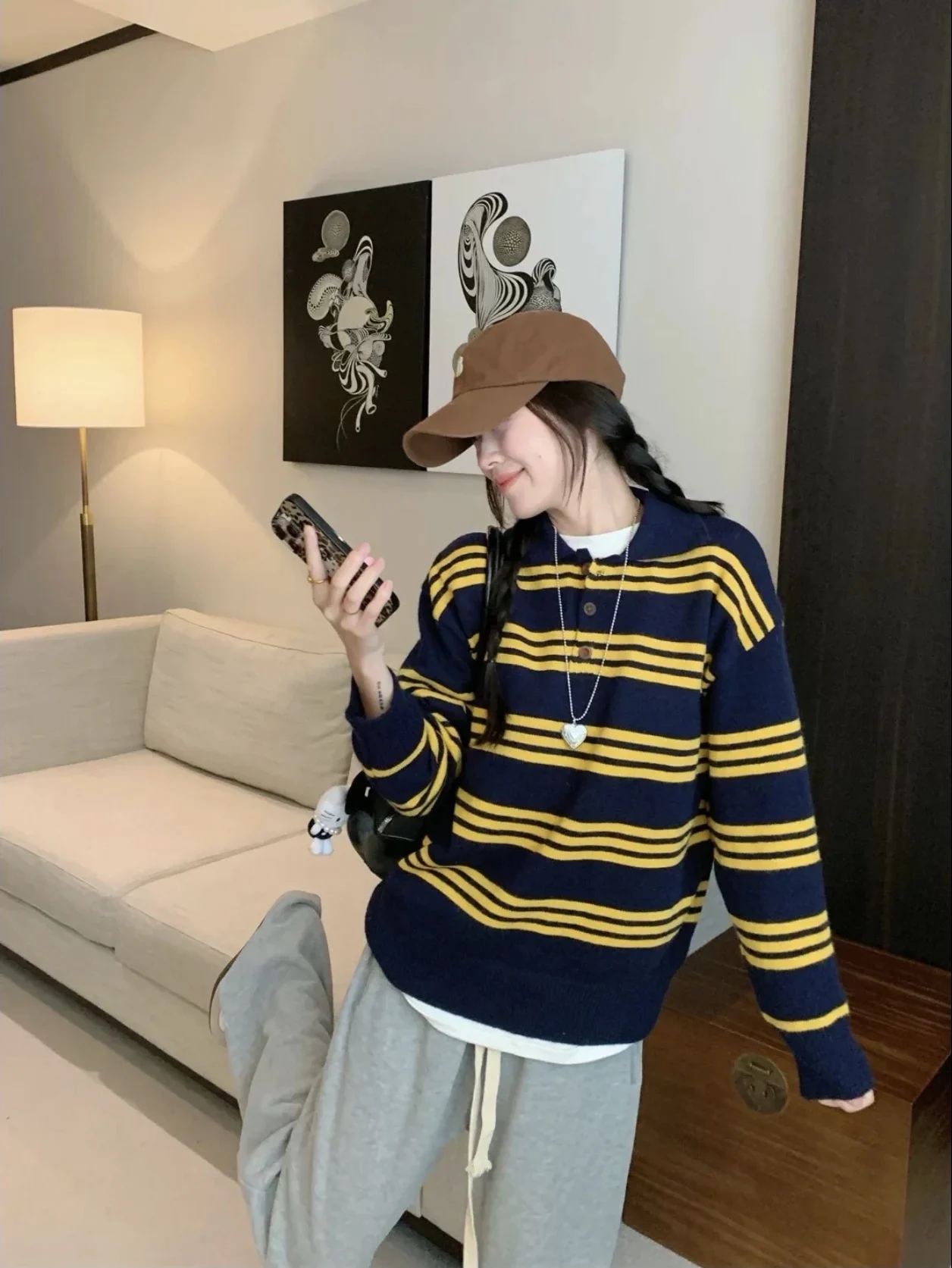 

Autumn Winter New Sle Long Sve Ne Casual Striped Knitted Sweater Coat Retro Knitwear Top for Women Commute Wear