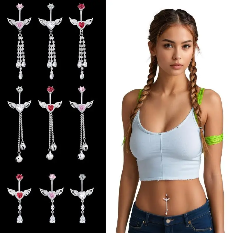 Dangle Wing Heart Belly Button Rings Shiny Inlay Hypoallergenic Stainless Steel Navel Ring for Daily & Beach Vacation