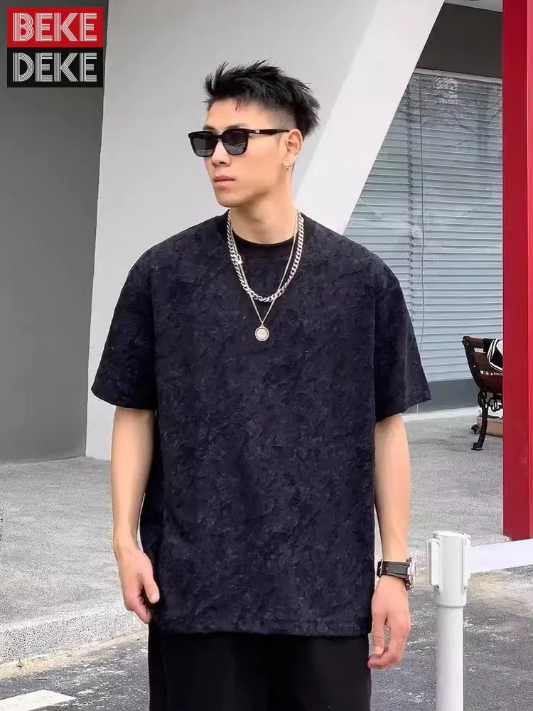 American Style Men Distressed Jacquard Short Sleeve T-Shirt Loose Fit Casual Streetwear Tops Fashion Oversized O Neck Tees Tops