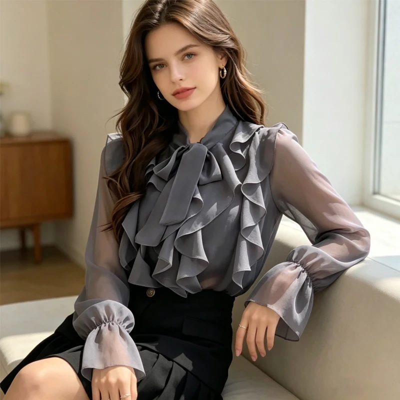 

Elegant Chiffon Tops Solid Color Office Lady Blouse Sweet Bow Tie Shirts Casual Long Sleeve Summer Korean Style Women Clothes