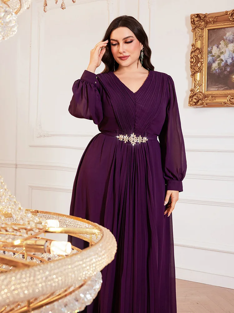 Plus Size Fashion Elegant Long Sleeve V-Neck Large Swing Long Dress Solid Lady Club Party Ball Gown Chiffon Bridesmaid Dress