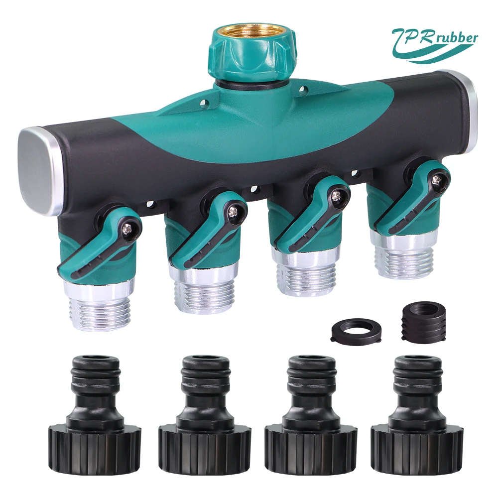 

4 Way Garden Hose Splitter 3/4'' Thread Heavy Duty Metal Water Faucet Distributor with Shut Off Valves for Home Tap Connectors