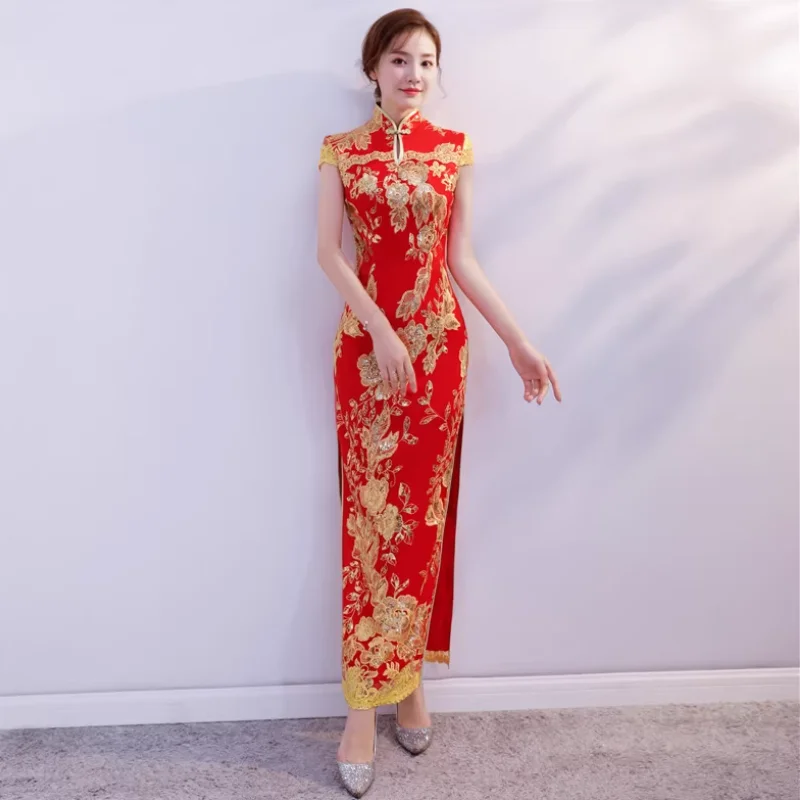 

Chinese Improved Cheongsam Fashion Dress with Split Long Performance Dress