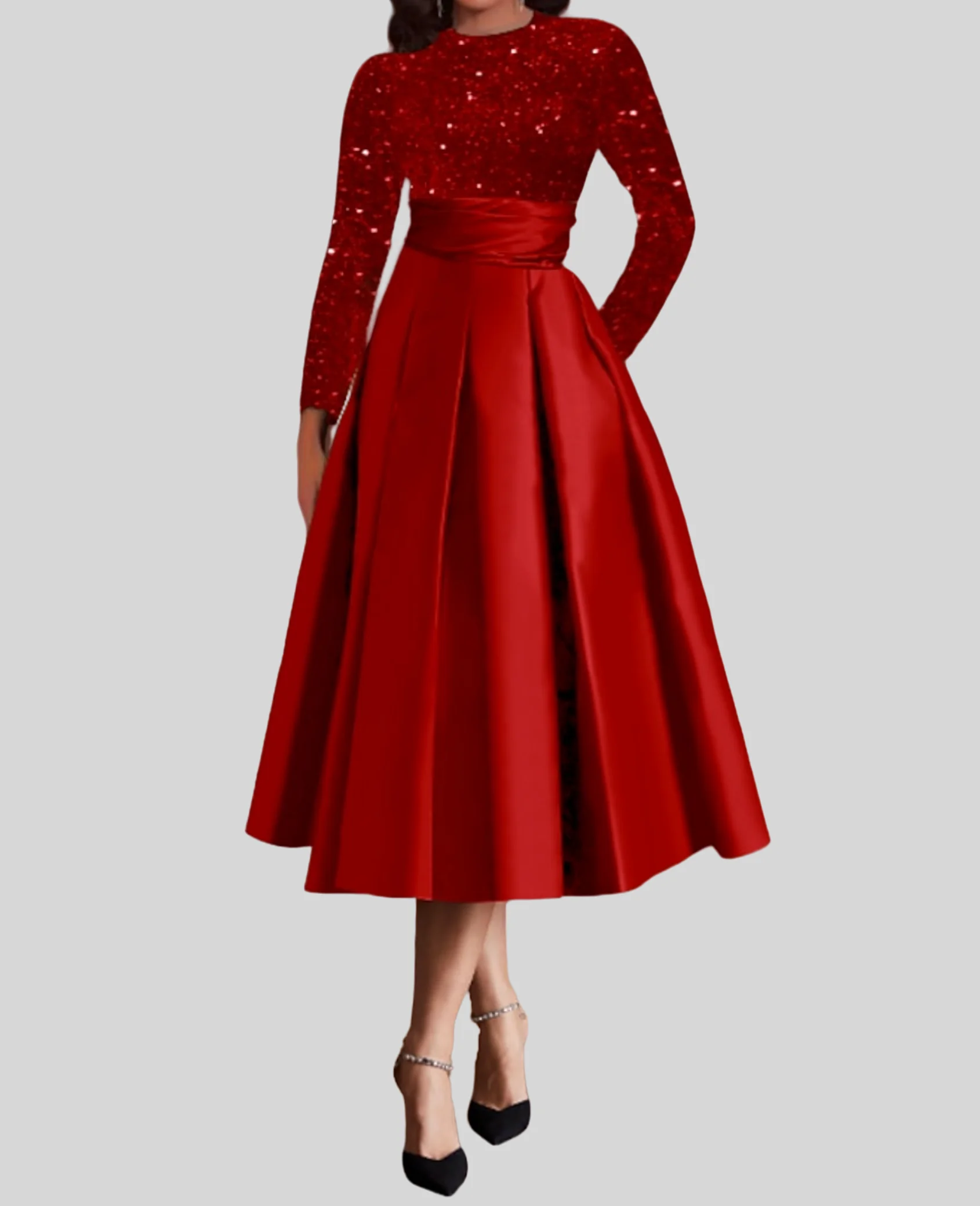 A-Line Cocktail Dresses Elegant Dress Wedding Guest Tea Length Long Sleeve Jewel Neck Satin with Pleats Sequin 2024