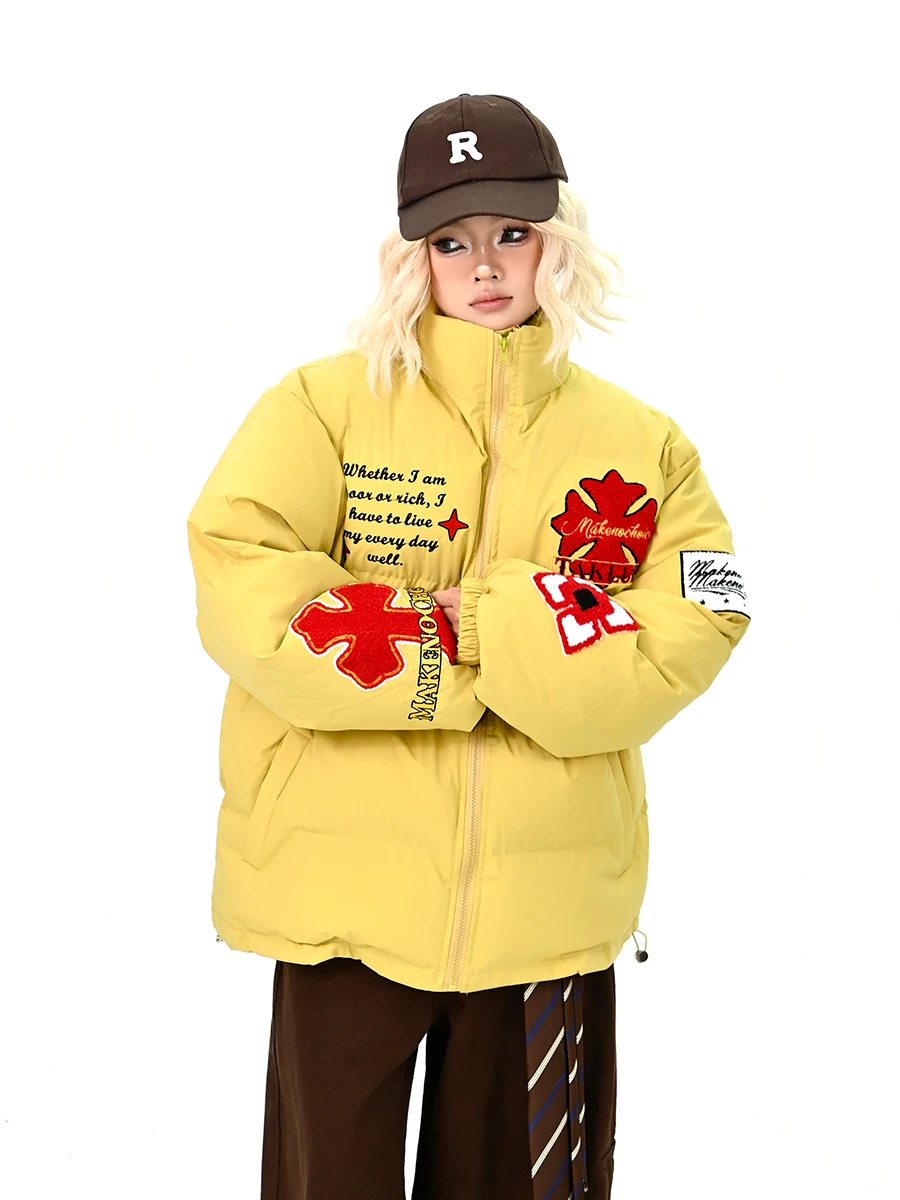 

Street Sle Oversized Cotton Jaet Women's Winter New Loose Bf American Retro Bread with Towel Cross Stitch Collar