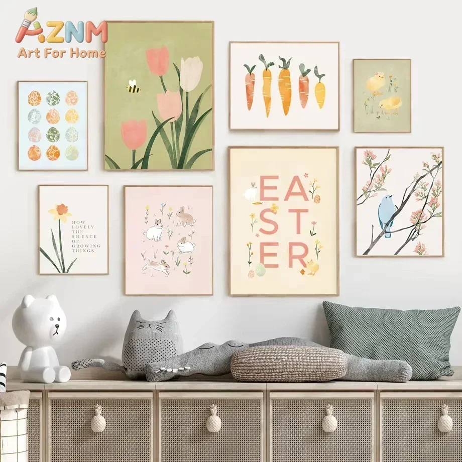 AZNM Cute Bunny Floral Canvas Wall Art, Watercolor Rabbit Carrot Daffodil Print, Unframed Canvas Painting for Baby Nursery Kids