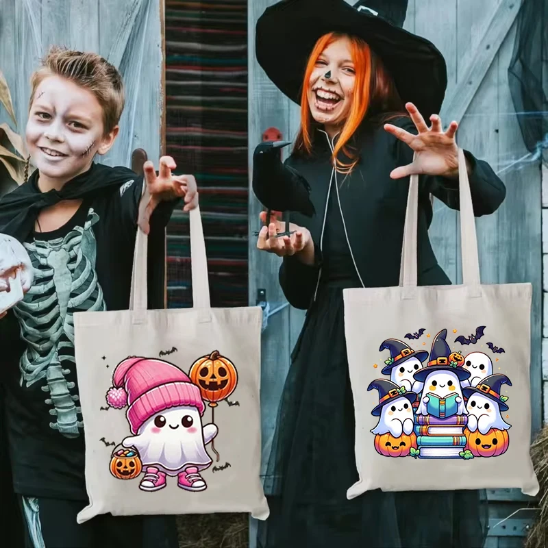 Borsa tote con zucca per festa di Halloween Borsa personalizzata per dolcetti o scherzetto per bambini Fantasma spettrale Sacco per caramelle carino