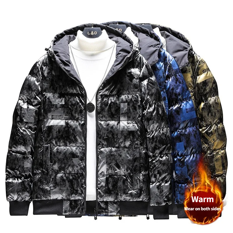 

Winter New Mens Bright Splash-Ink Cotton-Padded Coat Thickened Leisure Warm Jacket Men Clothing Wear on both sides