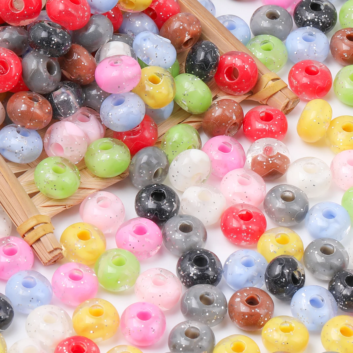 20/60pcs Random Color Glitter Large Hole Flat Round Acrylic Beads 8*13mm For DIY Bracelet Necklace Hair Accessories Craft Making