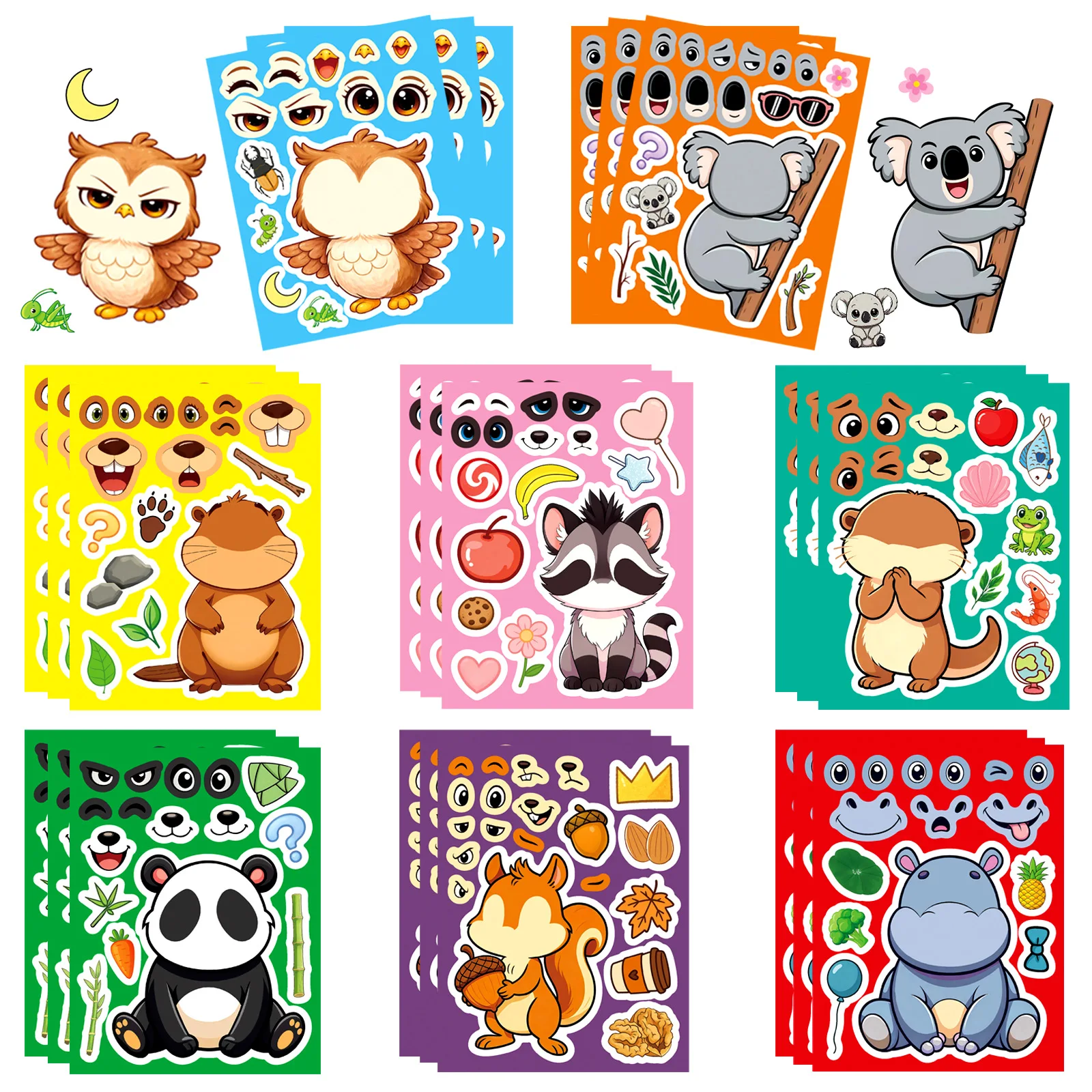 8 Folhas de Adesivos de Quebra-Cabeça de Animais Kawaii, Adesivos Fofos para Montar Rostos DIY, Decoração para Festa de Aniversário Infantil