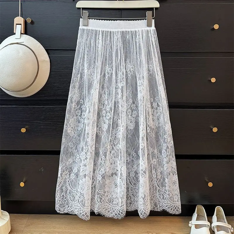 French Transparent Sexy Lace Mesh Skirt Elastic High Waist Tulle Women's Clothing Midi Skirt Korean All-match Solid Casual Black