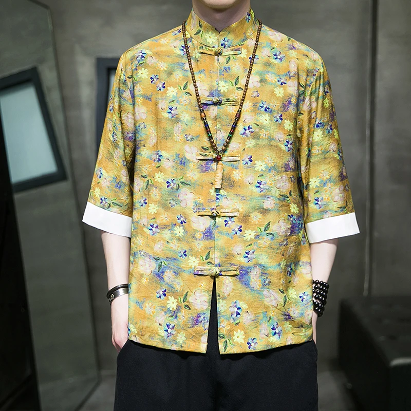

Мужская рубашка в китайском ретро-стиле, летняя, с принтом, свободного кроя, стандартной длины, с коротким рукавом, модная молодежная верхняя одежда