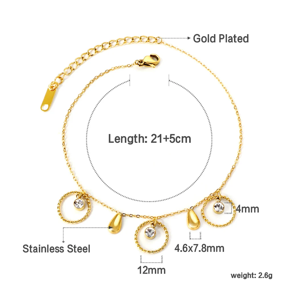 LUXUSTEEL Design Anklet Foot Chain Hollow Round Crystal Waterdrop Beads Charm Stainless Steel Women Summer Bracelet on the leg