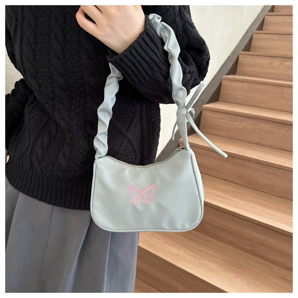 New Embroidery Butterfly Shoulder Bag Retro Y2k Ruffle Handle Bow Tote Bag Fashion Makeup Lipstick Bag Handbag Armpit Bag 2024