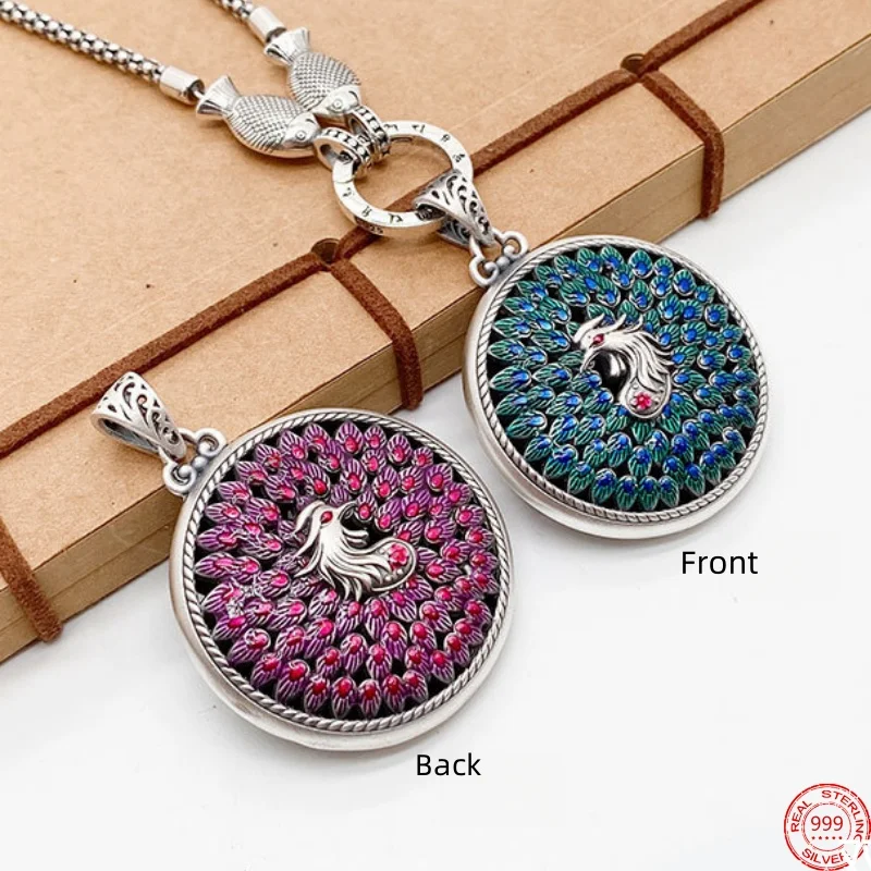 

S999 Sterling Silver Pendants for Women Men New Fashion Double Side Enamel Peacock Spreads Tail Feathers Jewelry Free Shipping