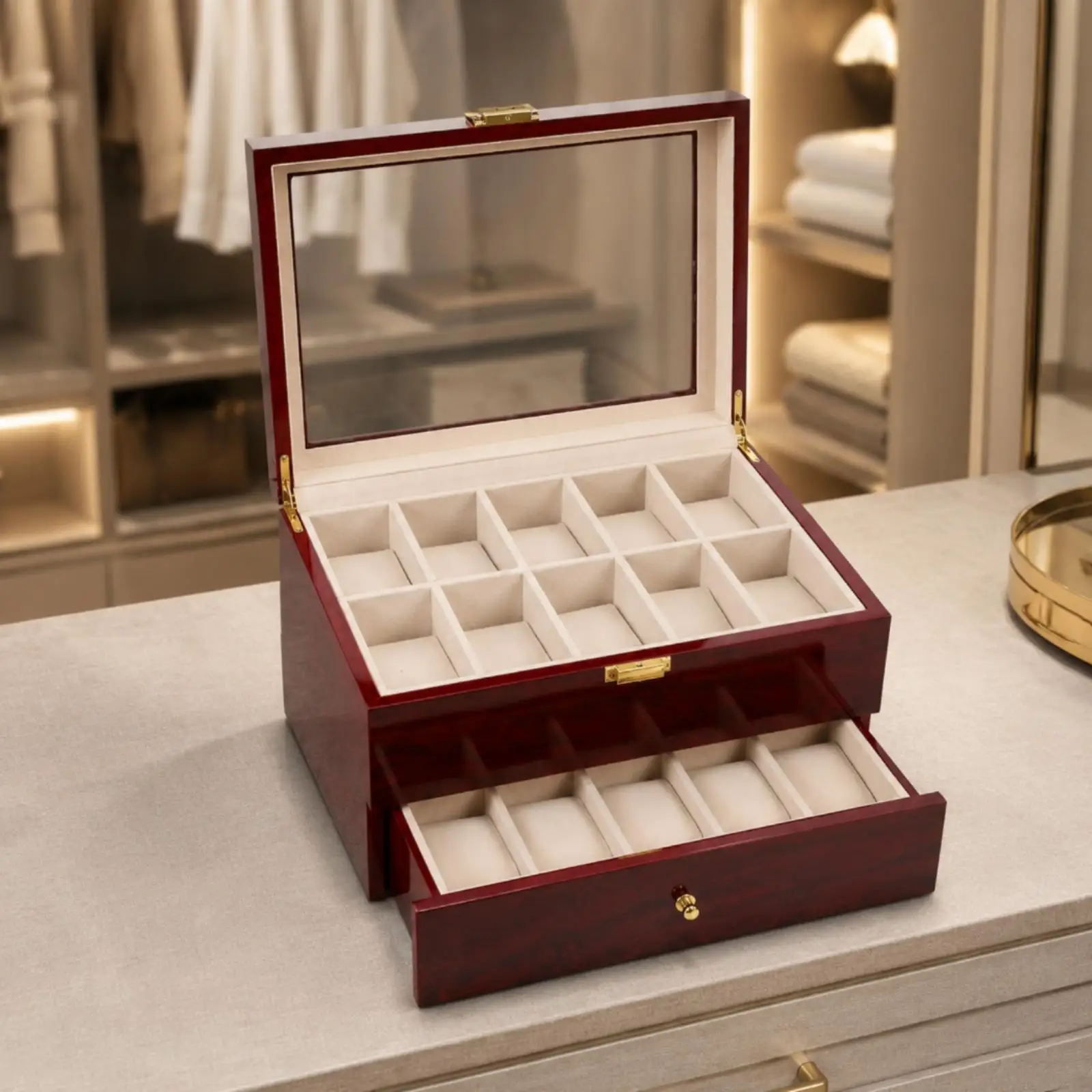 Watch Storage Display Case Wooden Box with Hinged Glass Lid for Timepiece Organizer Holder