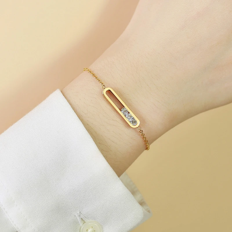 Yixin Trendy Slide Round Bead zircone Chain Link bracciali per le donne Shinny ovale Color oro bracciale in metallo gioielli per feste di moda