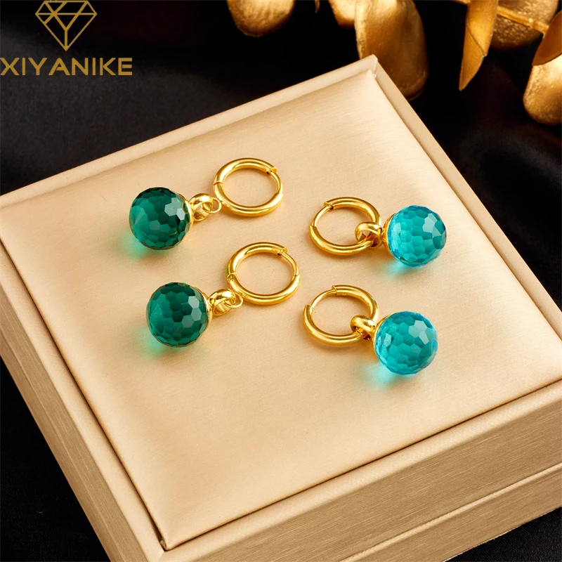 XIYANIKE 316L Stainless Steel Golden Earring Blue Green Candy Zircon Pendant Accessories for Women Jewelry Exquisite Gift Серьги