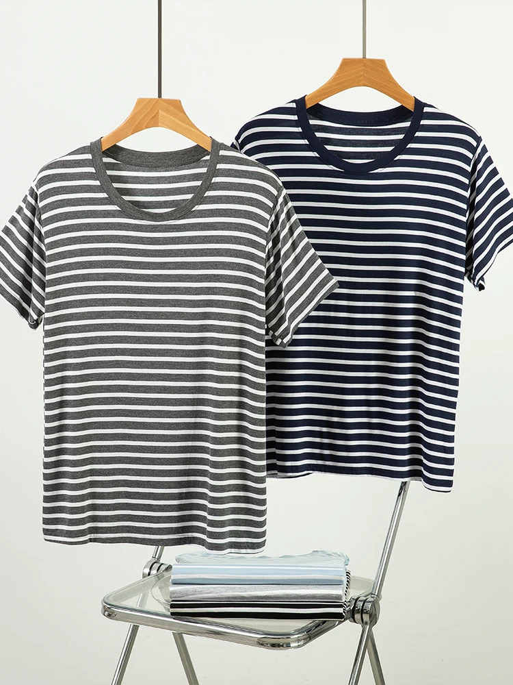 

Мужская футболка в полоску из модала, летняя повседневная универсальная футболка ort Sve Loose Simple f Sve Base irt round Ne ort Sve T...