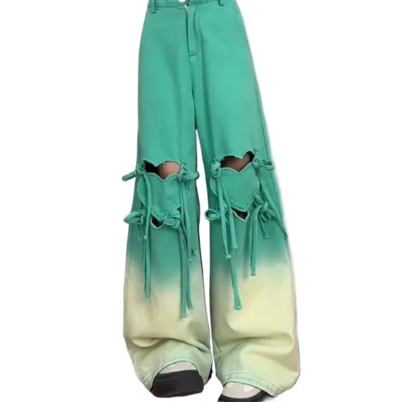 

Summer Jeans Women Thin High-waisted Straight Leg Wide Leg Gradient Green Ripped Pants Trend