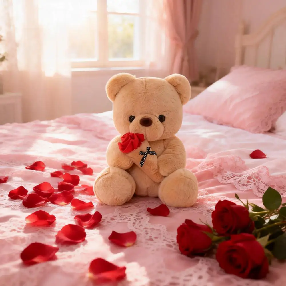 Oso de Peluche con Rosa, Lindo Peluche de Osito con Flor, Regalo para San Valentín, Cumpleaños, Decoración del Hogar, Animal de Peluche Suave, Juguete para Novia o Esposa