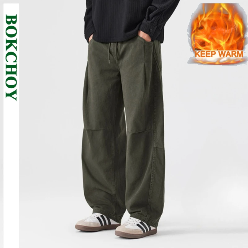 

2025 Winter New Velvet Thick Cargo 100% Cotton Trousers for Men Clothing Loose Comfort Male Pants GF259203