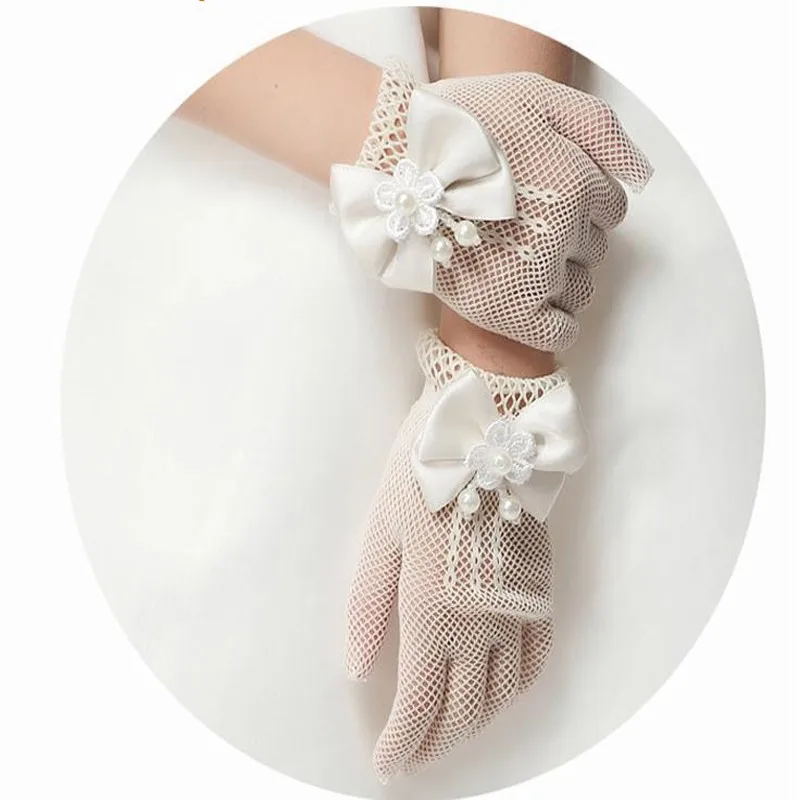 

1 Pair Girls Kids White Lace Faux Pearl Fishnet Gloves Communion Flower Girl Bride Party Ceremony Accessories