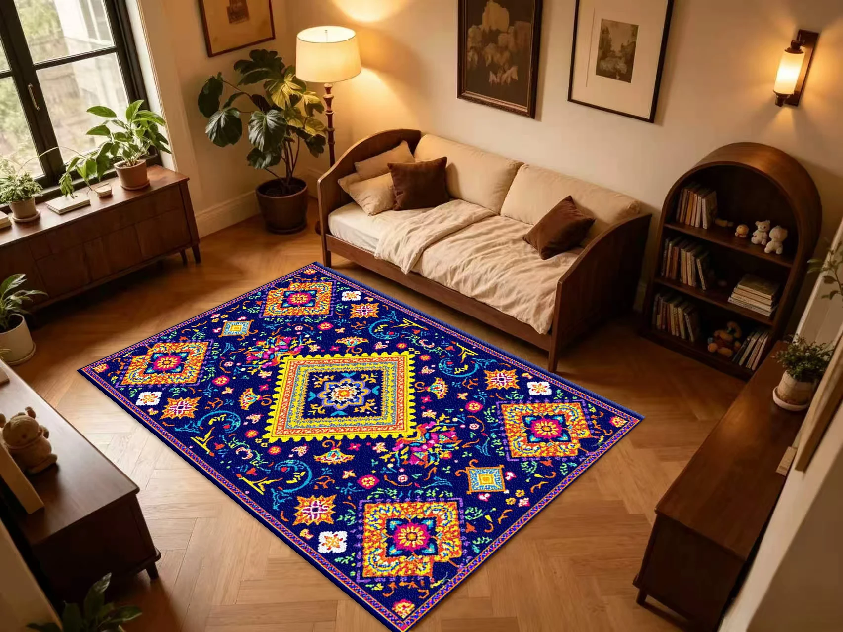 Bright Colorful Oriental Tribal Carpet Flooring, Vintage Persian Non-Slip Area Rug for Living Room Entryway Home Interior Decor
