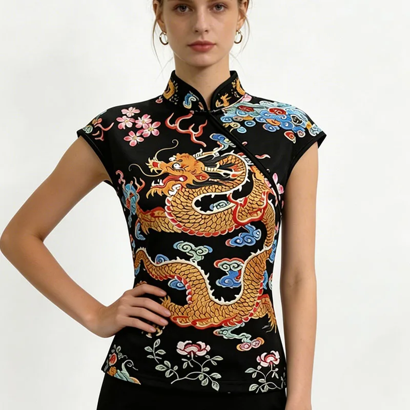 Summer New Chinese Style Dragon Print Color Blocked Stand Up Collar Buckle Short Sleeve Slim Fit Short T-shirt Women's Clothing