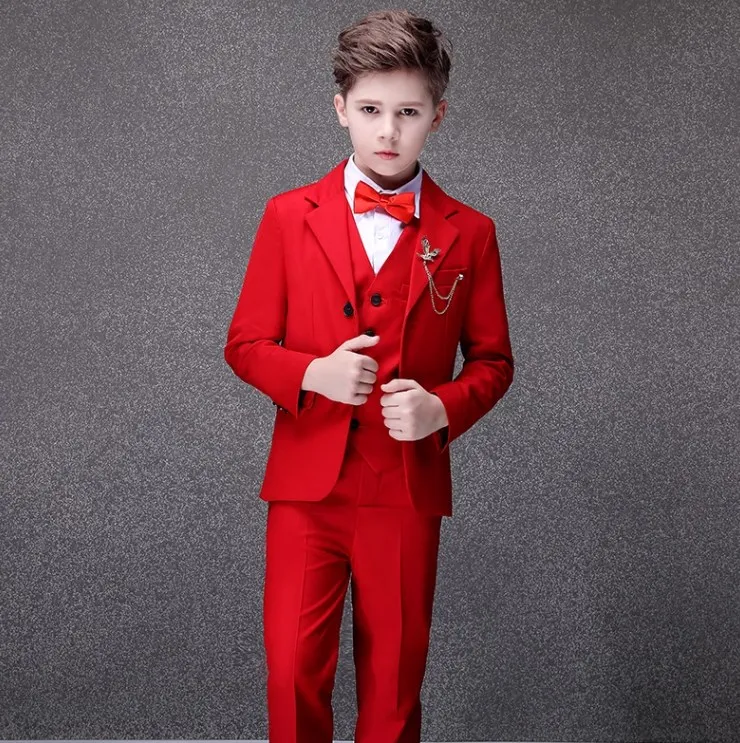 Children Jacket Vest Pants Bowtie 4PCS Photograph Suit Teenager Tuxedo Dress Kids Birthday Costume Flower Boys Red Wedding Suit