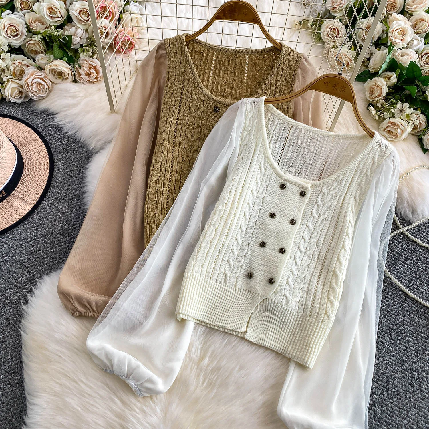 

Women Double Breasted Knit Mesh Patchwork Coat Jackets Tops Lady Vintage Elegant Twist Knitted Coats Female Winter Autumn Coats