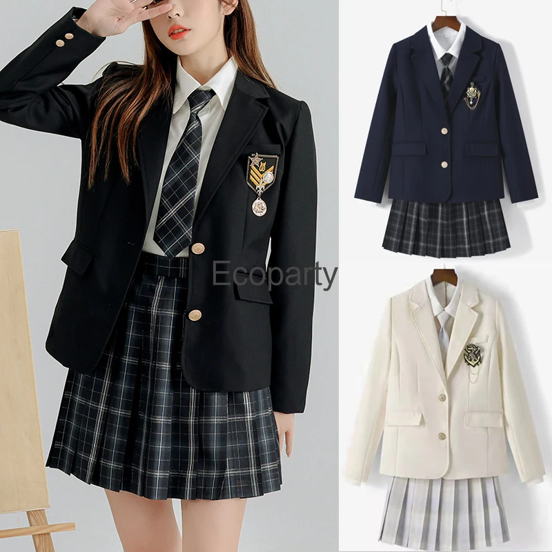 Women\'s Korean Fashion Jk School Uniform Coat Spring Autumn Black Lapel Long Sleeve Jackets With Badges College Style Costume